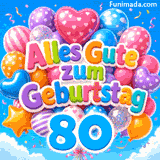 Vor einem leuchtend blauen Himmel zeigt eine bewegte Gruppe gemusterter Ballons den Text Alles Gute zum Geburtstag und eine hängende blaue 80.