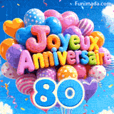Sous un ciel bleu éclatant, un bouquet de ballons à motifs en mouvement présente le texte Joyeux Anniversaire et le chiffre bleu 80 suspendu.