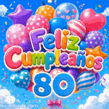 GIF gran cumpleaños 80 años: el número 80 azul brillante junto a un imponente racimo de globos de fiesta al viento.
