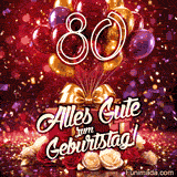 Helle Ballons steigen über Geschenkboxen und Rosen während die goldene 80 und Alles Gute zum Geburtstag mit Konfetti in animierter Grußbotschaft funkeln