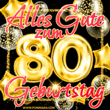 Glänzende goldene Ballons und ein quadratischer Glitzerrahmen: Animiertes GIF zum 80. Geburtstag mit der großen goldenen Zahl 80