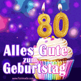 Ein glänzendes Geburtstags-GIF mit goldenen Kerzen mit der Zahl 80 auf einem weißen cremefarbenen Cupcake und dem Text 'Alles Gute zum Geburtstag'.