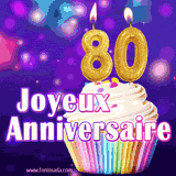 GIF animé joyeux anniversaire pour 80 ans avec un cupcake coloré, des bougies dorées en forme de 80 et un fond violet scintillant.