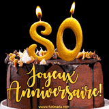 GIF animé pour un 80e anniversaire avec une élégante gâteau au chocolat, des bougies dorées formant le chiffre 80 et le texte 'Joyeux Anniversaire!' en écriture dorée.