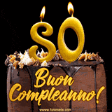 GIF animato con una torta al cioccolato decorata con crema, dettagli dorati e due candele accese che formano il numero 80. Messaggio 'Buon Compleanno' in scritta elegante.