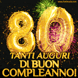 Descrizione: Palloncini dorati a forma del numero 80, accompagnati da scintille e fuochi d'artificio su sfondo nero, con il messaggio 'Tanti auguri di Buon Compleanno!'.