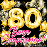 Animazione con palloncini dorati a forma del numero 80, circondati da decorazioni scintillanti e la scritta 'Buon Compleanno!' in caratteri rosa accattivanti.