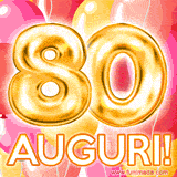 Bouquet animato di palloncini multicolori che emergono da una scatola regalo, con il numero 80 e la scritta 'Tanti Auguri!' su uno sfondo pieno di coriandoli.