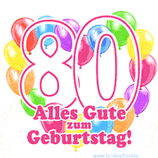 Ein verspieltes animiertes Geburtstags-GIF mit bunten Ballons in Herzform und der Zahl 80.