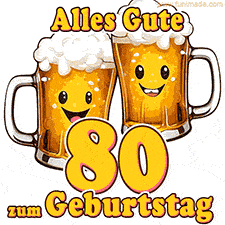 Zwei lustige Bierkrüge mit fröhlichen Gesichtern hüpfen auf und ab. Der Text lautet 'Alles Gute zum 80. Geburtstag'.