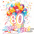 Des confettis animés, des ballons multicolores et un coffret cadeau dans un joyeux GIF de 80e anniversaire