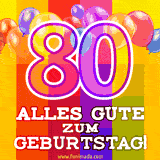Große Zahl 35 in Umrissschrift, die Worte 'Alles Gute zum 80. Geburtstag', mehrfarbige animierte Ballons und lebendiger Hintergrund.