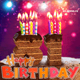 81st birthday GIF featuring a chocolate cake on bokeh background shaped as the number 81, with colorful lit candles on top. Happy Birthday text appears below in a bold font and pink, orange and red colors.