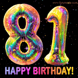 Shiny number 81 birthday celebration balloons with an iridescent glow and glitter on a black background with twinkling stars.