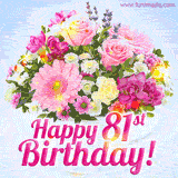 A birthday cake with lit candles is shown with colorful balloons and animated confetti.