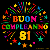 GIF animata 'Buon Compleanno 81' con lettere colorate e fuochi d'artificio