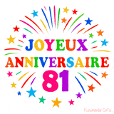 GIF animé joyeux anniversaire 81 ans avec étoiles multicolores et feu d’artifice