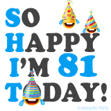 A fun birthday animation celebrating turning 81 with colorful party hats, smiling faces, and cheerful emojis.