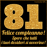 Un GIF animato per un 81° compleanno, Presenta il testo 'Buon Compleanno 81' su uno sfondo giallo vivo con palloncini colorati, festoni e una pioggia di coriandoli.