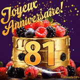 Une animation de célébration d'un gâteau de 81ème anniversaire, Des étoiles dorées tombent du ciel, mettant en valeur le texte 'Joyeux Anniversaire !' et le nombre doré 81 à l'avant du gâteau.