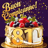 Un GIF animato di una bellissima torta per il 81° compleanno con glassa dorata e frutti di bosco freschi, Il numero dorato 81 è davanti, e stelle cadono su uno sfondo viola scuro.