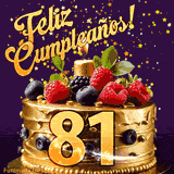 Una animación de celebración de una tarta para el 81º cumpleaños, Estrellas doradas caen del cielo, destacando el texto '¡Feliz Cumpleaños!' y el número dorado 81 en la tarta.