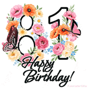 A floral 81st birthday animated greeting card. The number '81' is surrounded by animated flowers and butterflies, creating a beautiful and cheerful way to celebrate the milestone.