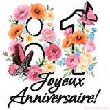 Ce GIF de Joyeux 81ème Anniversaire présente le nombre vingt rempli d'un bouquet vibrant de fleurs animées, avec des papillons qui bougent doucement sur un fond blanc.