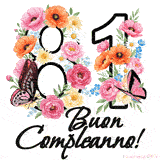 Questo GIF di Buon 81° Compleanno mostra il numero venti riempito con un vibrante bouquet di fiori animati, con farfalle che si muovono dolcemente su uno sfondo bianco.