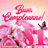GIF buon compleanno 81 anni con fiori rosa, farfalla animata e scintille dorate che illuminano il numero rosa centrale.