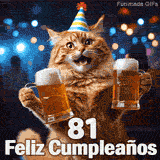 Gatito atigrado con gorro de fiesta festejando con jarras de cerveza sobre un fondo de destellos. En la parte baja dice 81 Feliz Cumpleaños.