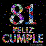 La cifra 81 y las palabras FELIZ CUMPLE están elaboradas de gemas brillantes de variados colores, sobre un fondo negro con luces destellantes.