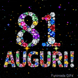 Il numero 81 e la scritta Auguri formati da gemme colorate e scintillanti su uno sfondo nero animato da piccole stelle luminose.