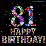 Animated bright shiny diamonds outline the number 81 and the text Happy Birthday below it, set against a black canvas with small sparkling colored bright lights.