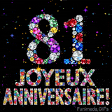 Le chiffre 81 et les mots Joyeux Anniversaire formés de diamants colorés étincelants sur fond noir avec de petites étoiles scintillantes animées.