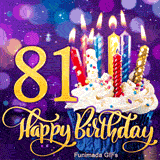 The golden digit 81 beside a sprinkled cupcake with lit candles. Happy Birthday is written in golden script on a blurry purple glowing background.
