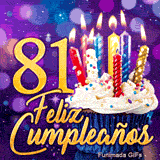 Imagen animada para los 81 años mostrando el número 81 de oro, un lindo pastelito con velas sobre fondo violeta.