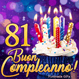 Immagine animata per gli 81 anni mostrante il numero 81 d'oro, un bel dolcetto con candele su sfondo violetto.