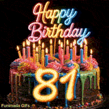 Animated spinning birthday cake GIF with rainbow drip icing, lit candles, and glowing yellow number 81 on dark background.