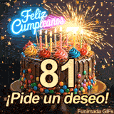El número 81 dorado sobre una colorida tarta. Letras luminosas de Feliz Cumpleaños resaltan entre chispas de bengala y hermosas estrellas flotantes.