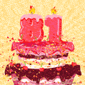 A festive, animated image of a birthday cake with lit candles forming '81'. Confetti and cherries adorn the tiered cake, for a 81st birthday.