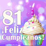 Animación de un cupcake con cobertura blanca, confites de colores, una vela encendida y el número 81 en grande sobre un fondo púrpura con luces brillantes.