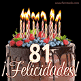 Feliz 81 cumpleaños pastel de chocolate. Imagen (GIF) con pastel y saludo.