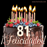 Animación de un pastel de chocolate decorado con frutas, velas encendidas y el número 81, acompañado de la palabra '¡Felicidades!' en elegante tipografía.