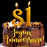 GIF animé pour un 81e anniversaire avec une élégante gâteau au chocolat, des bougies dorées formant le chiffre 81 et le texte 'Joyeux Anniversaire!' en écriture dorée.