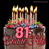 GIF animé pour un 81e anniversaire avec un somptueux gâteau au chocolat décoré de baies fraîches, des bougies allumées et le texte '81 Bonne Fête!' en rouge.