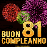 Animazione di fuochi d'artificio colorati con il numero 81 in oro brillante e la scritta 'Buon Compleanno' su uno sfondo nero festivo ed elegante.