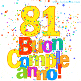 Animazione con il numero 81 in giallo e scritte multicolore 'Buon Compleanno!', accompagnate da una pioggia di stelle e coriandoli colorati.