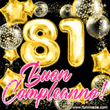 Animazione con palloncini dorati a forma del numero 81, circondati da decorazioni scintillanti e la scritta 'Buon Compleanno!' in caratteri rosa accattivanti.