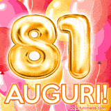 Bouquet animato di palloncini multicolori che emergono da una scatola regalo, con il numero 81 e la scritta 'Tanti Auguri!' su uno sfondo pieno di coriandoli.